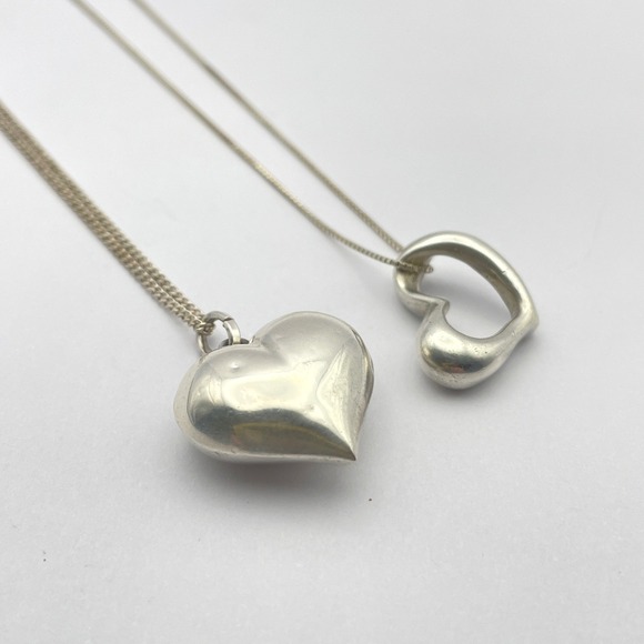 Set Sterling Silver Heart Necklaces Bundle Puffy Heart Hollow Heart Jewelry Set - Picture 7 of 12